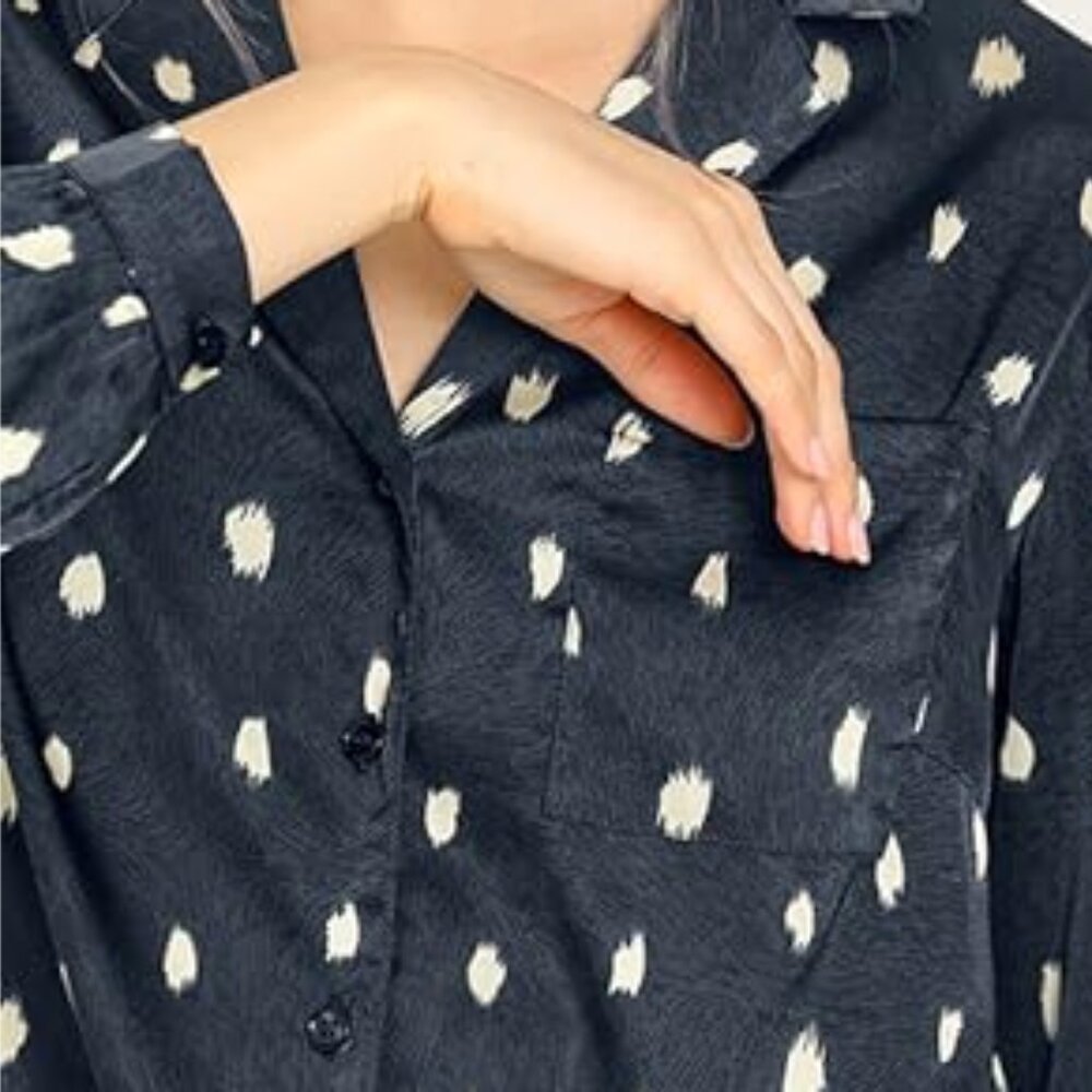 Allegra K Women's Satin Polka Dots Blouse Elegant Camp Collar Long Sleeve - Picture 5 of 15